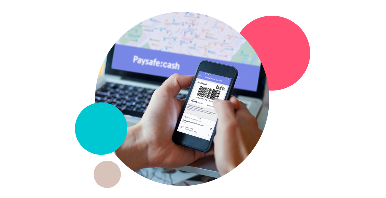 laptop showing the Paysafecash store locator and a hand holding a phone displaying a Paysafecash barcode