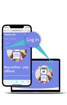laptop and mobile phone showing the Paysafecash login button 